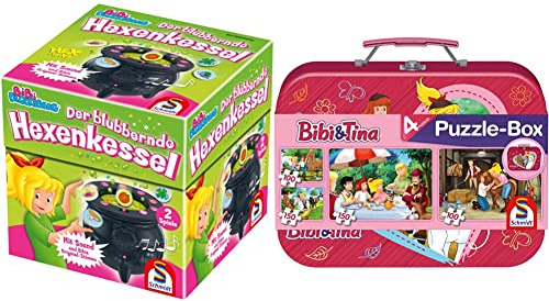Schmidt Bibi & Tina Bibi Blocksberg-Der blubbernde Hexenkessel 56509, 4 Kinderpuzzle im Metallkoffer, 2x100 und 2x150 Teile