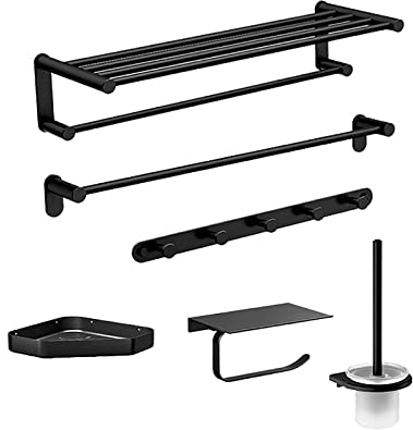 Handtuchhalter Badezimmer-Hardware-Set, Aluminium-Handtuchhalter, inklusive doppelter Handtuchstange, fünf Reihen Kleiderhaken, dreieckigem Korb, Toilettenbürsten-Set, Handtuchstange – Schwarz, Silber