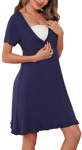 Bresdk Chemise de Nuit Allaitement Femmes Enceintes à Manches Courtes Nuisette Allaitement Coton Robe Maternité à Volants Col V Vêtements de Nuit, Manche Courte - à Volants - Bleu Marine, L