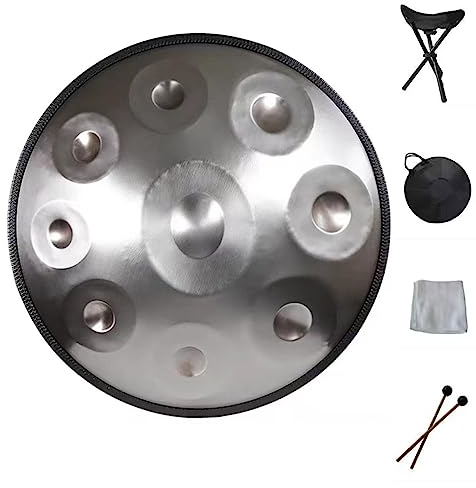 9 Note 22 Zoll Handpan in D-Moll Nitrieren Stahl Handtrommel Handgemachtes Heilendes Musikinstrument-Geschenk mit Tragetasche und Schlägeln für Anfänger Erwachsene (440hz) (Chrome)