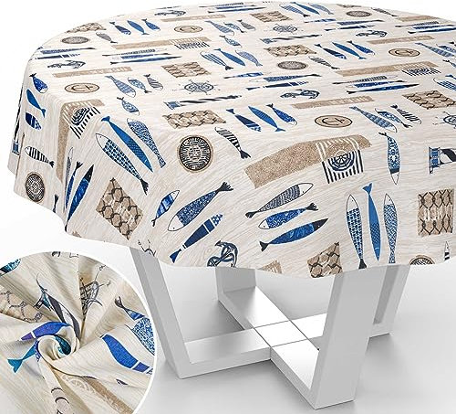 Stoff Tischdecke Tischwäsche Textil Tischtuch Baumwolle Polyester Gewebe abwaschbar pflegeleicht, in rund oval eckig Maritim Rund 140cm Schnittkante
