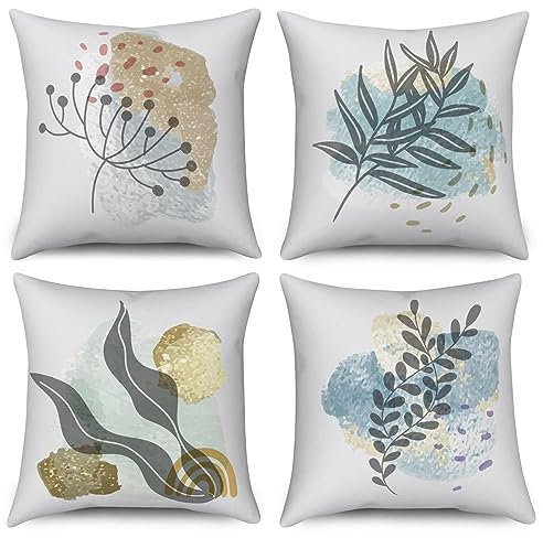 ASDCXZ Boho Kissenbezug 50x50 cm 4er Set, Modern Abstrakt Kunst Boho Blätter Gold Weiß Dekokissen Kissenbezüge Kissenhülle Waschbar Polyester Flachs Textil Polster Kopfkissenbezug Kissen Bezug