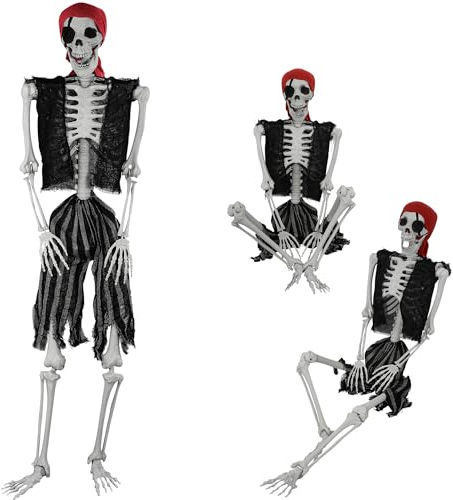 AOFOX 165cm Halloween lebensgroßes Skelett Ganzkörper menschliche Knochen mit beweglichen Gelenken für Party Requisiten Gruseliger Friedhof Geisterhaus Rasen Garten Dekoration (Pirat)