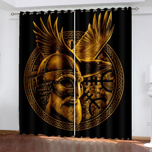 WIKINGER Gardinen mit ösen 2er Set B 110 X H 95 cm 3D Odin Vorhang Blickdicht Kälteschutz Schallschutz Verdunkelung Wärmeisolierende Vorhänge für Wohnzimmer Schlafzimmer