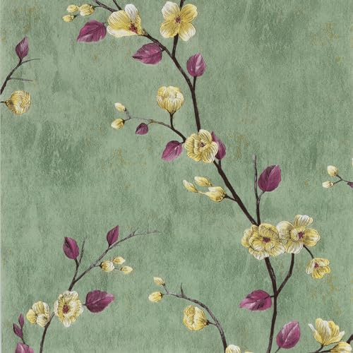 Hode Sticky Back Plastic Patterned Green Floral Plum Wallpaper 44cmx3m, Peel and Stick Self Adhesive Wallpaper Contact Paper Waterproof, Vinyl Wrap for Wall Furniture Bedroom Living Room Table