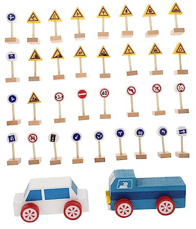 DRESSOOS 1ensemble Jouets Éducatifs Bois Signaux Routiers pour Apprentissage Sécurisé des Panneaux De Circulation Jeu Cognitif Hêtre Une Boîte Colorée