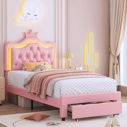 Keyluv Gepolstertes LED-Bettgestell mit Aufbewahrungsschublade, Leder-Prinzessin-Plattformbett mit verstellbarem Kristallknopf, getuftetes Kronenkopfteil, solide Holzlattenstütze, kein Boxspringbett