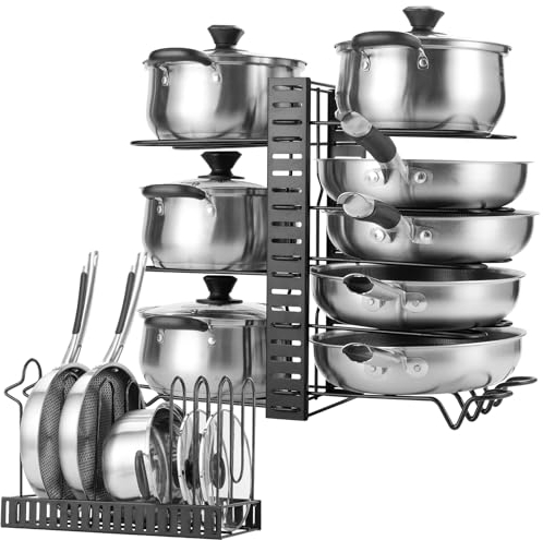 GAEKOL Pfannenhalter für Schrank, DIY Erweiterbarer Topfdeckelhalter mit 8 Verstellbaren Teiler, Topfdeckel Aufbewahrung Pfannen Organizer Deckelhalter für Küche