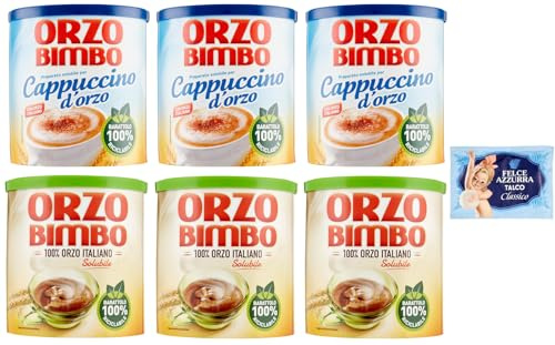 6er-Pack Testpaket Orzo Bimbo Löslich-Gersten-Cappuccino 150g + Orzo Bimbo Löslich-Gersten 120g,eine koffeinfreie Alternative + 1er-Pack Kostenlos Felce Azzurra Talkumpuder, 100g-Beutel