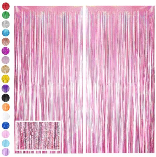 Pink Foil Fringe Tinsel Backdrop Glitter,2pcs 3.2ft x 6.5ft Pink Foil Curtain Decoration,Laser Foil Fringe Metallic Tinsel Door Hanging Foil Flow Silk Streamers for Birthday Wedding Holiday Party