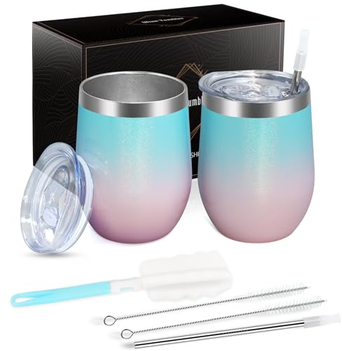 Joymaking 12oz Reusable Coffee Cup, 2 Pack Double Walled -Insulated Travel Mug Vacuum Stainless Steel Wine Tumbler with Spill Proof Lid, Great for Coffee, Tea, Milk and Wine, Light Blue Light Pink