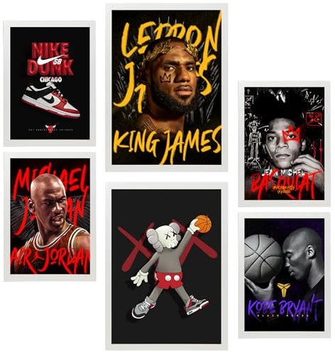 Nacnic 6er-Set Grafiti Pop King James Jordan Nike Basquiat Kobie Gerahmtes Poster mit Design-Illustrationen zur Dekoration der Wände Zuhause A3 & A4 Weißer Rahmen