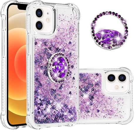 IMEIKONST iPhone 12 Glitter Case, Sparkle Quicksand Clear Slim Fits TPU Bumper Silicone Shell Diamonds Ring Stand Fuction Shockproof Cover for iPhone 12. Love Purple YBZ