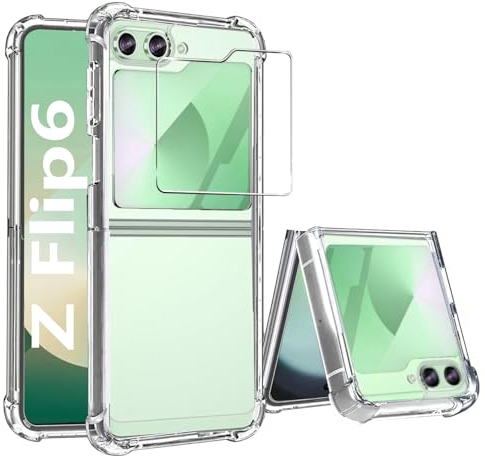 Z Flip 6 Hülle,Samsung Galaxy Z Flip 6 Hülle Transparent Silikon TPU Case mit Schutzfolie,Samsung Flip 6 Handyhülle Slim [Anti-Vergilbung] Stoßfest Schutzhülle für Galaxy Z Flip6 5G-Clear