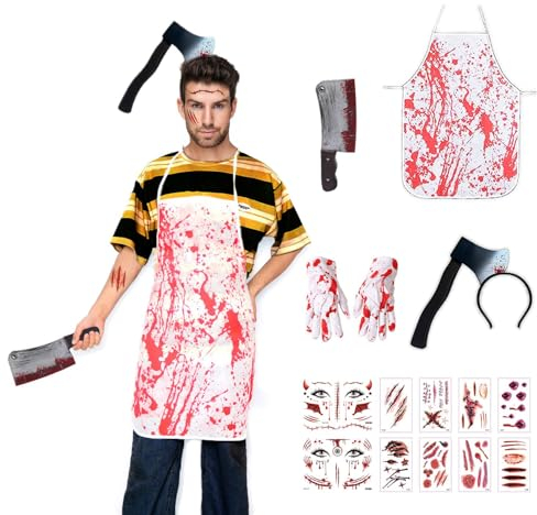 LKOIVNED Costume Carnaval Homme, Deguisement Carnaval avec Gants Bandeau Hache Tablier Boucher Couteaux Autocollants de Tatouage pour Déguisement Carnaval Cosplay Fête