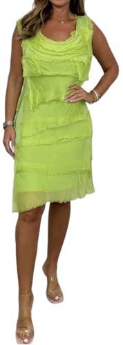 Alam Exclusive Vestido midi italiano Lagenlook para mujer, con solapa sobre seda, aspecto de capa triturada, lisos, plisados, verde lima, 36-44