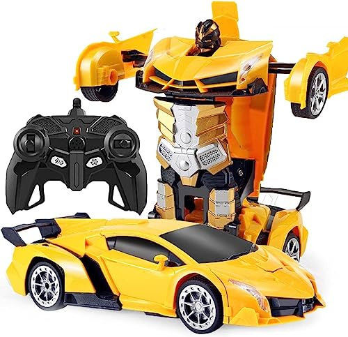 Maxesla Coche Teledirigido Transformers para Niños, Rotación 360°2 in 1 Robot RC Car, 2.4GHz Coche Radiocontrol with LED, Juegos Infantiles Regalos Cumpleaños Navidad Niños Niñas 3-10, Amarillo