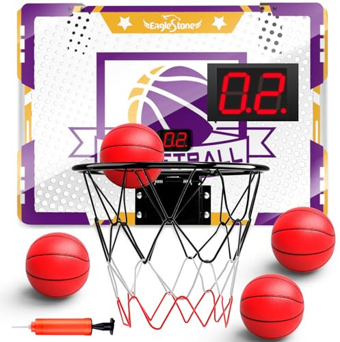 EagleStone Mini Panier de Basket pour Enfants, 4 Ballons, Score Électronique, Ventouse, pour Garçons et Filles. Panier Mural pour Porte ou Mur, Jouet Cadeau pour Âges 3 à 10 Ans