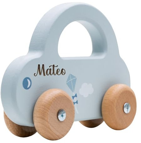 minipishop® Baby Geschenk personalisiert Junge Spielzeug Holzauto Blau I Erstes Auto mit Namen als Geschenkidee zur Geburt Holzspielzeug ab 1 Jahr