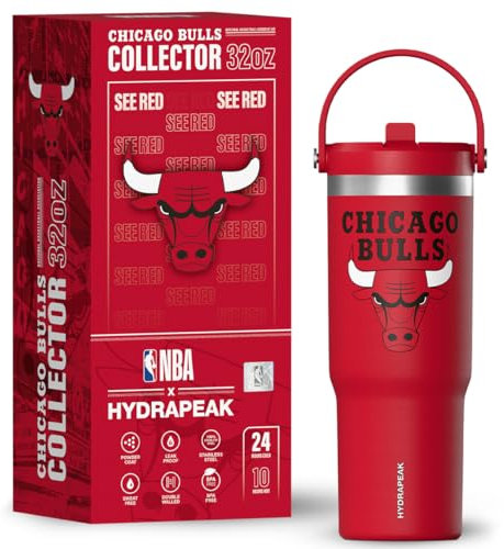 Hydrapeak x NBA Offiziell lizenziertes Chicago Bulls Nomad Edelstahlbecher mit Griff und Strohhalm-Deckel, auslaufsichere Wasserflasche in limitierter Sammler-Geschenkbox