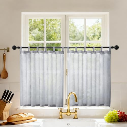 Joydeco Scheibengardinen Modern Leinenoptik Küchen Gardinen Vorhänge mit Schlaufen Voile Vorhang 2er Set H 60 x B 90 cm Transparente Küchengardinen Gardine Kurz für Wohnzimmer Wohnmobil Landhausstil