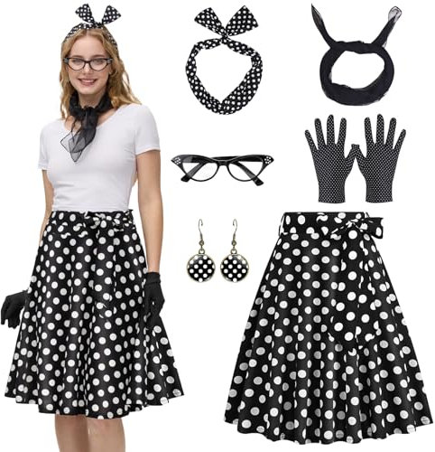 Aragallant 50er Jahre Rockabilly Damen Kostüm Set mit Accessoires: Auge Brille, Seidentuch, Ohrringe, Stirnband, Handschuhe für Karneval Party