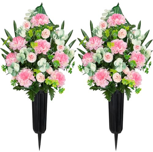 Velibobo Lot de 2 bouquets de fleurs artificielles pour tombe, chrysanthème funéraire avec vases pour décoration de tombe extérieure (rose)