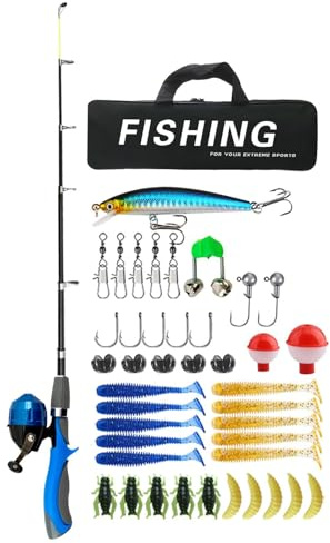 Angelset für Anfänger: Angelbox für Anfänger, Kombi-Angelrute und Teleskoprolle 1,6 m / 5,25 Fuß mit Aufbewahrungstasche für Köderbox für AGU