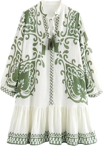 Pinclodly Womens Ethnic Print Dress Bohemian Long Sleeve Tassel Tie V Neck Mini Dress Loose Fit Smocked Vacation Dresses