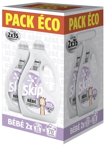 Skip - Lessive Bébé - Respect des Peaux Sensibles - 70 lavages - Développée par des Pédiatres - Parfum Hypoallergénique - Sans conservateurs MIT-BIT - Certifiée ECARF - 2x35 Lavages