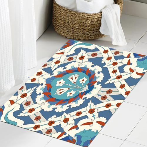 JHAOUNUK Weich Badezimmerteppich 40x60cm,Östliches, traditionelles arabisches Ornament mit Kleiner Blüte,rutschfest waschbar Badematte Flauschige Badteppich Saugfähig Badvorleger Duschvorleger