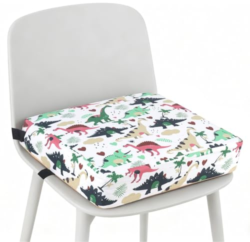 KBIBCK Sitzerhöhung Stuhl Kind, Sitzerhöhung Sitzkissen Kinder, PU Waschbar Zerlegbar, Esszimmerstuhl Erhöhen Pad mit Sicherheitsschnalle Gurt, Rutschfeste Stuhlerhöhung Kinder,32x32x8cm (Dinosaurier)