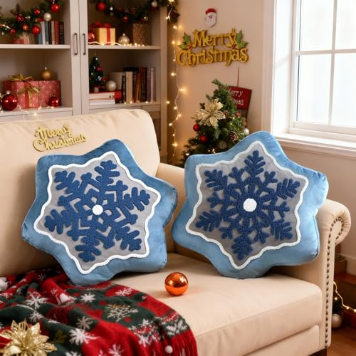 Lanpn 2 Stück Weihnachtskissen, Schneeflocke Kissen Niedliche Dekokissen Flauschiges Zierkissen für Geschenk Party Bett Sofa Couch Innenbereich Weihnachtsdeko (Blau, 44x44cm)