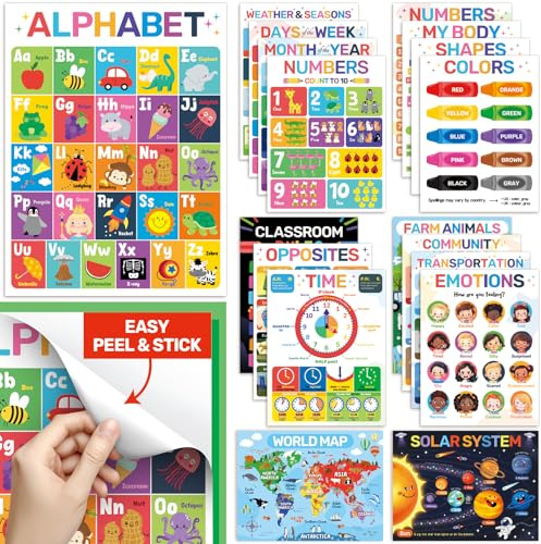DECOWALL 18 Educational Peel & Stick Posters Classroom Wall Charts (PS-01) | Colourful self-adhesive learning charts for ABCs, numbers, shapes and emotions – peel, stick, remove and reuse