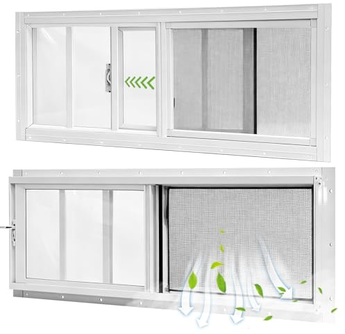 Yuzzy Ventana de cobertizo de 25,4 x 89 cm, ventana corredera, ventana trasera con cristal templado y filtro de fibra de vidrio extraíble para cobertizo, gallinero, casa de juegos, hogar, garaje