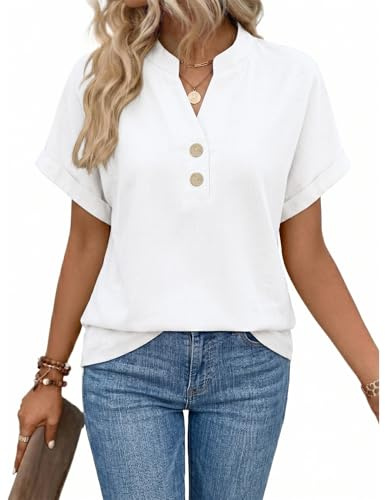 heekpek Womens Tops Summer Cotton Linen Shirt Short Sleeve V Neck Elegant Summer Top Blouse Loose Casual Ladies T-Shirt with Button, White, L