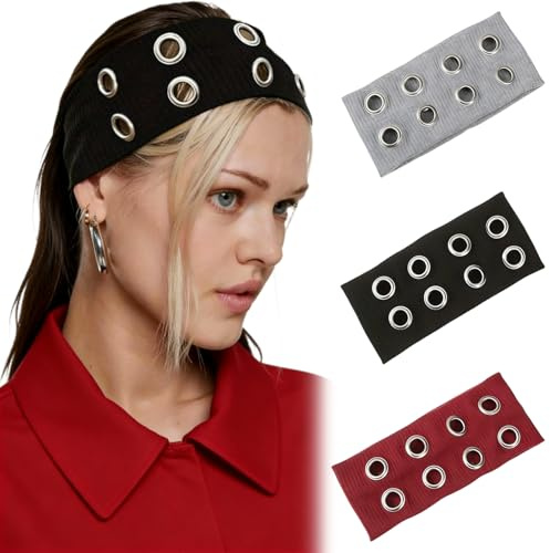Aribliseza Y2K Headband, 3 Piece Set, Metal Loop Hairbands for Women in 3 Colours (Black, Grey, Red), Stretchable Fashion Hairbands for Sport and Yoga