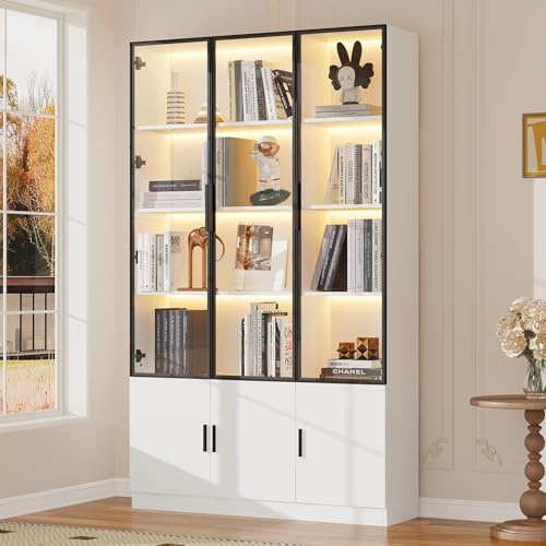 kowdom Glasvitrine mit LED-App 120x32x200 cm weiß | Vitrinenschrank mit 6 Glastüren Soft-Close | Standvitrine Wohnzimmerschrank Sideboard | Beleuchtete Vitrine für Sammlerstücke