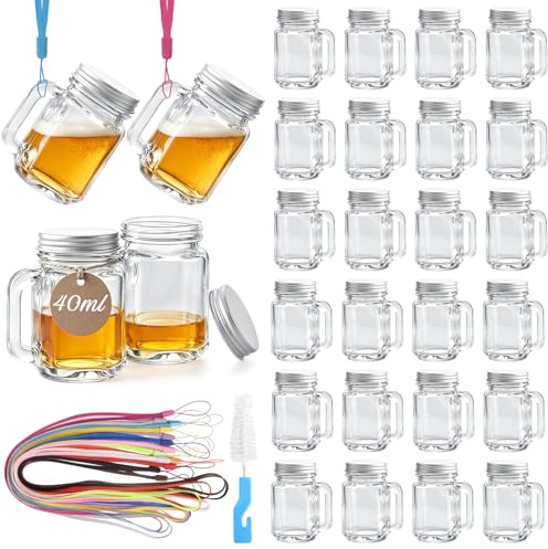 Mssushi 28 Set Shot Glasses with Handles and Lids 40ml, Mini Mason Jars | Screw Lids, 28 Lanyards Included, Liquor, Ginger Shots, Whiskey, Party Game