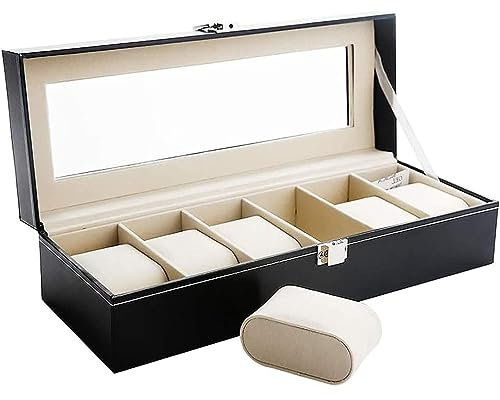 Uhrenkasten Herren Damen Uhrenbox mit 6 Fläche, Aufbewahrungsbox Samtfutter Metallverschluss, PU Schwarz, Geschenke Weihnachten