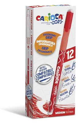 CARIOCA OOPS Red Erasable Pens Box of 12-0.7 mm Tip, Ergonomic Triangular Grip, Double Eraser, Heat-Sensitive Ink, Compatible Refills (12 Red Erasable Pens)