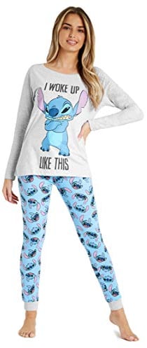 Disney Pigiama Donna - Pigiama Stitch Pigiami Donna Cotone S-2XL Stitch Gadget Regalo (Grigio/Blu Stitch, M)