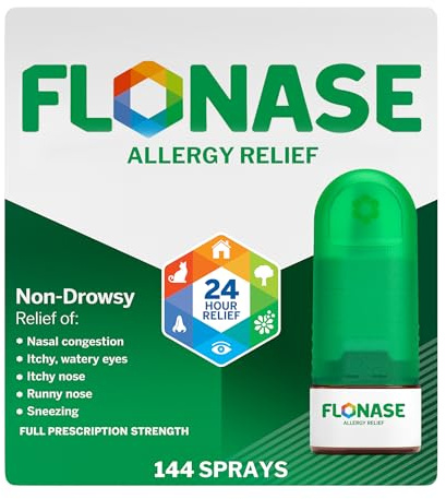 Flonase Allergy Relief Nasal Spray, 24 Hour Non Drowsy Allergy Medicine, Metered Nasal Spray - 144 Sprays- Fall and Seasonal Allergy Relief