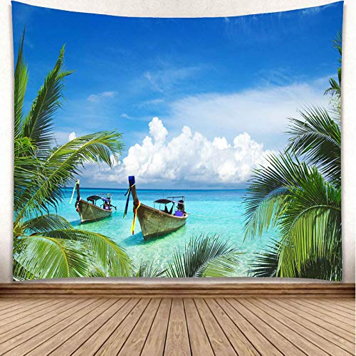 YISURE Tropischer Ozean Strand Wandteppich, Palme Kokosnuss Blatt Meer Boot Wandteppich Wandbehang für Wohnzimmer Wohnheim Heimdekoration, 200x150cm