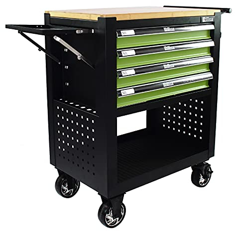 TRUTZHOLM Werkstattwagen Profi Compact unbestückt Breite gesamt inkl. klappbaren Seitenablage 97 cm Massive Holzplatte mit 4 Schubladen, Stauraum Lochwand 4 Rollen Montagewagen Werkzeugwagen