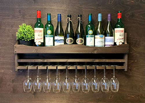 Large Rustic Wooden Wine Bottle Holder and 10 Glass Wall Mounted Display (10DO)(EL)