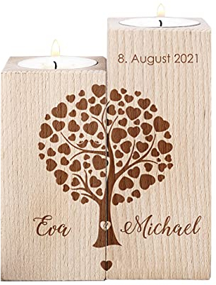 Herz & Heim® Teelichthalter mit Gravur im 2-er Set mit Personalisierung Lebensbaum