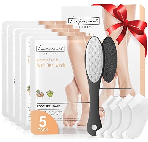 Foot Peel Mask 5 Pack, LA.PERSONAL Feet Exfoliating Mask, Soft Foot, Moisturizing Socks for Callus, Repairing Cracked Heel, Dead & Dry Skin, Nourishing Footmask with Feet Scrubber & 2 Pair Socks