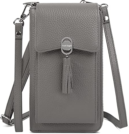 Pearl Angeli Weiches Echtes Leder Handy Umhängetasche - Handytasche Geldbörse Damen RFID Schutz kleine Crossbody Tasche (B-Grau)