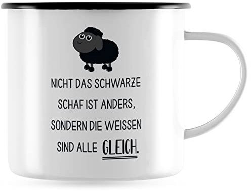 JUNIWORDS Emaille-Tasse, Nicht das Schwarze Schaf ist Anders, sondern die Weißen sind alle gleich, Schwarzer Tassenrand